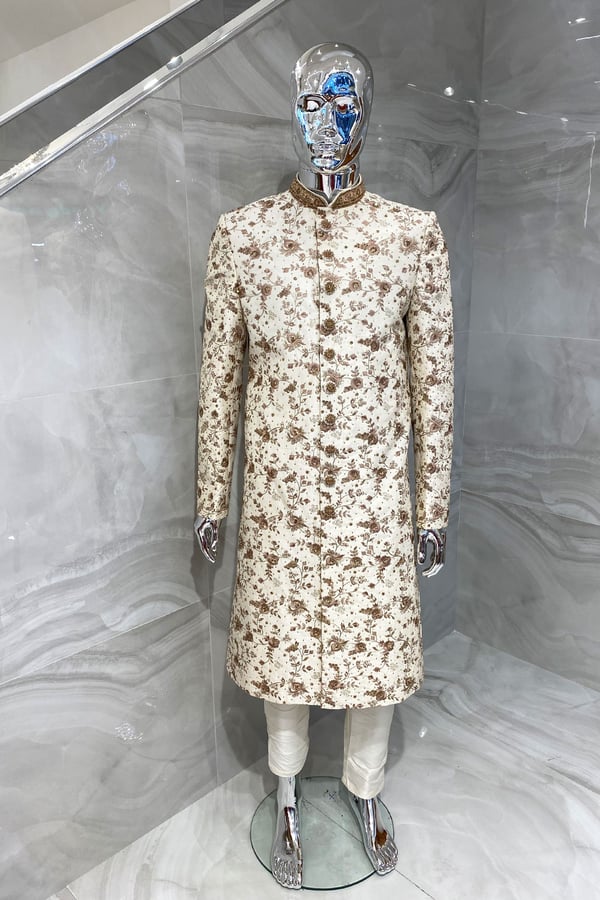 2 Piece mens luxury thread-work embroidered sherwani
