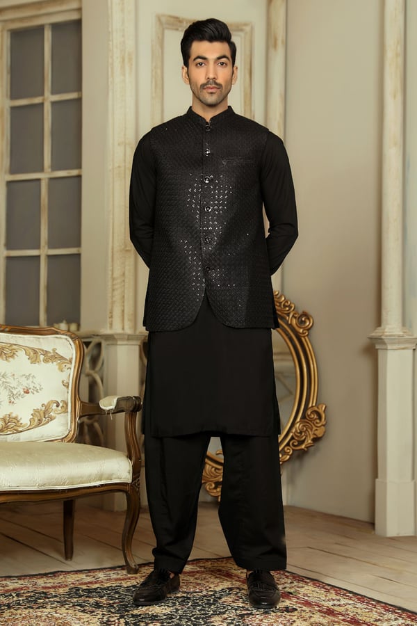 Avi luxury embroidered brocade men's waistcoat - Black, Large