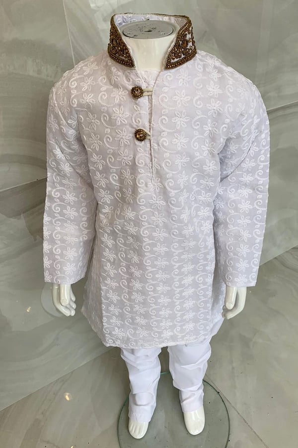 Kids boys 2 piece chicken suit with a gold embroidered collar - White, 7