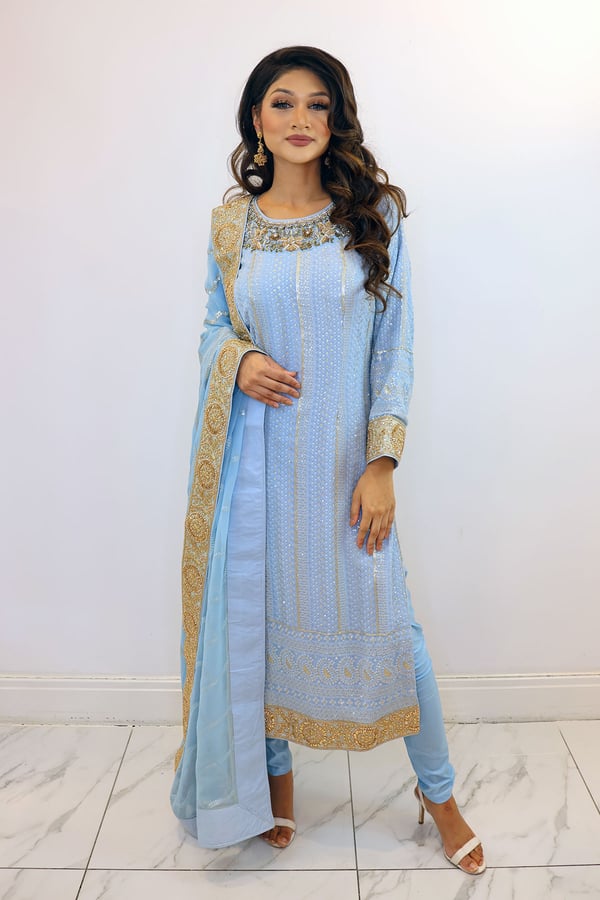 3 Piece zari work embroidered partywear suit - Blue, 48