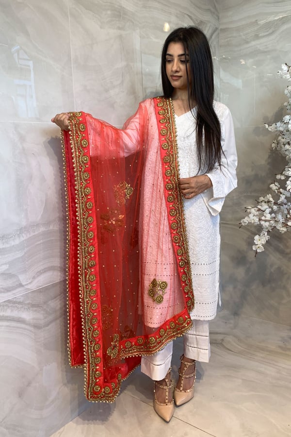 Net embroidered dupatta - Pink, FREE SIZE
