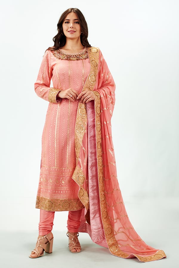 3 Piece zari work embroidered partywear suit - Pink, 34