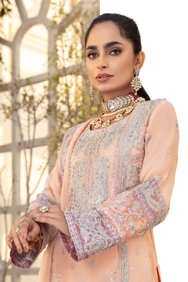 3 Piece chiffon embroidered sharara suit - Image 4