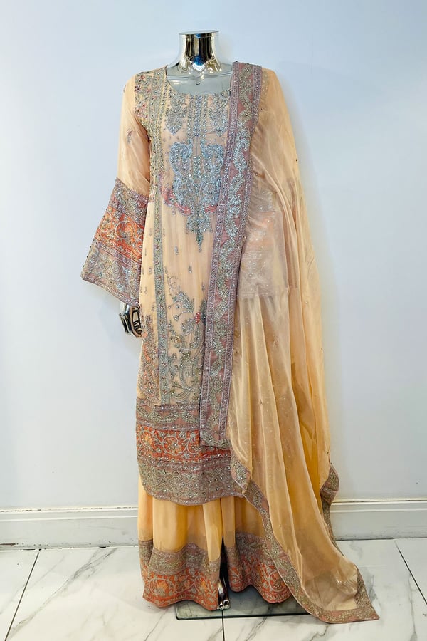 3 Piece chiffon embroidered sharara suit - Image 5