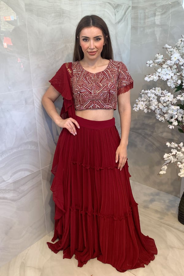Indowestern luxury embroidered partywear - Maroon, 36