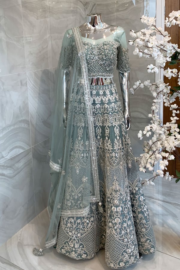 3 Piece zari work embroidered net lengha choli - Mint, 34