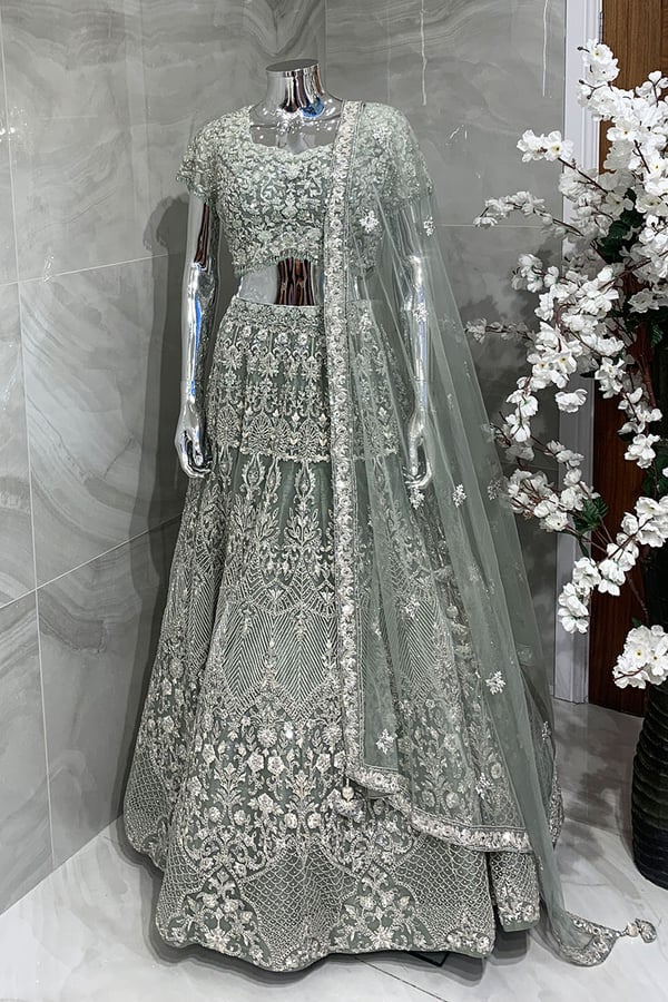 3 Piece zari work embroidered net lengha choli - SGREEN, 34