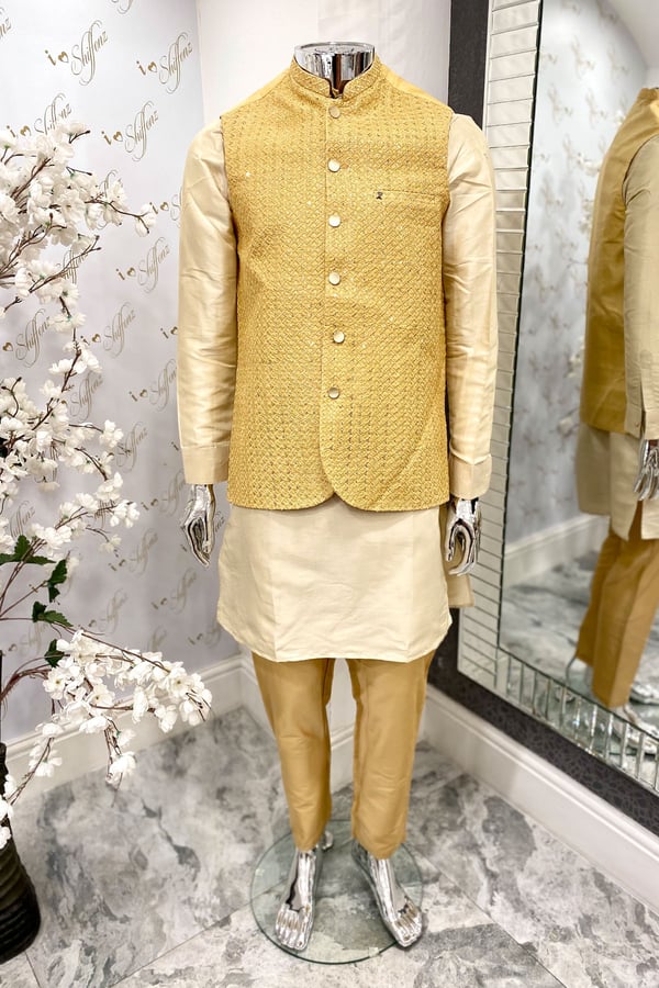 Avi luxury embroidered brocade men's waistcoat - Beige gold, Large