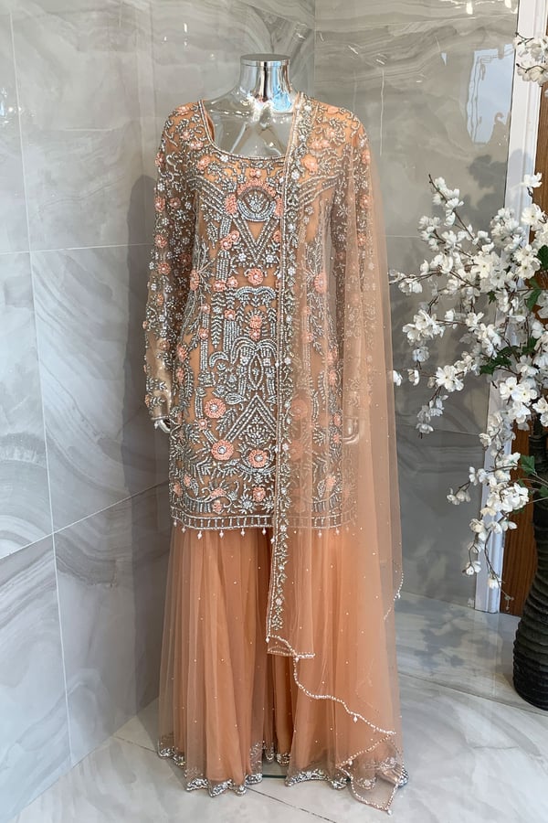 Shiffonz 3 piece heavy embellished gharara suit - Peach, 34