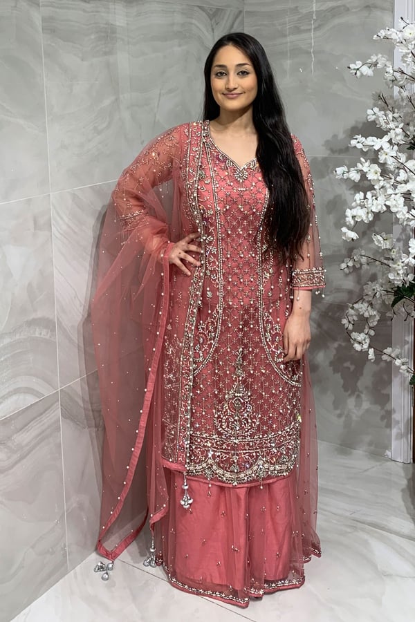 3 Piece net embroidered sharara suit