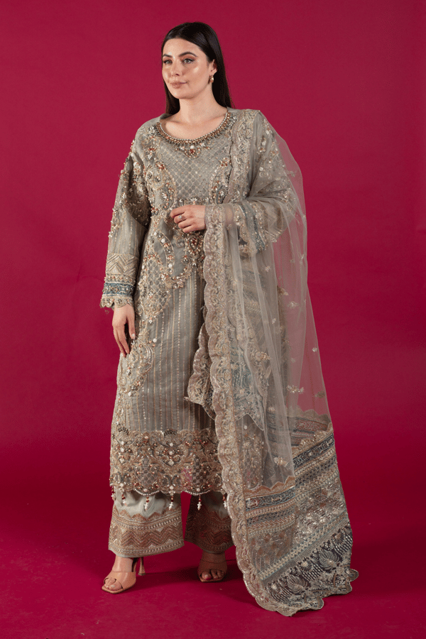 Imrozia 3 piece luxury embroidered plazo suit - Khakhi, Small