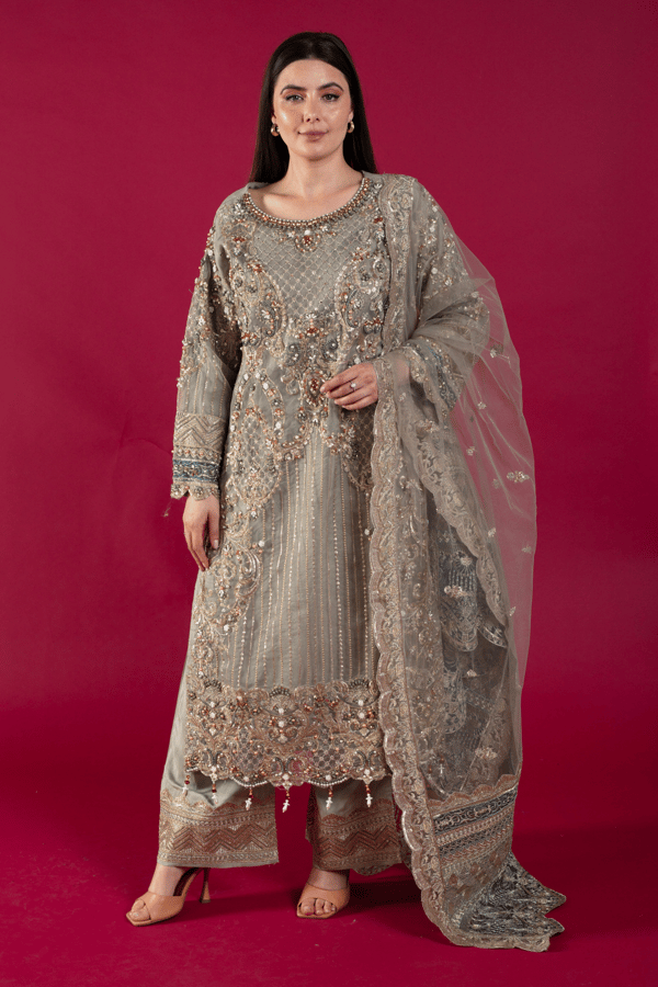 Imrozia 3 piece luxury embroidered plazo suit