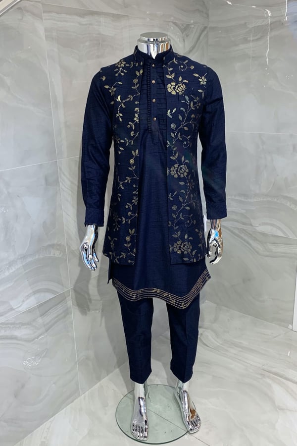 3 Piece men's brocade jacket kurta - Navy, 36