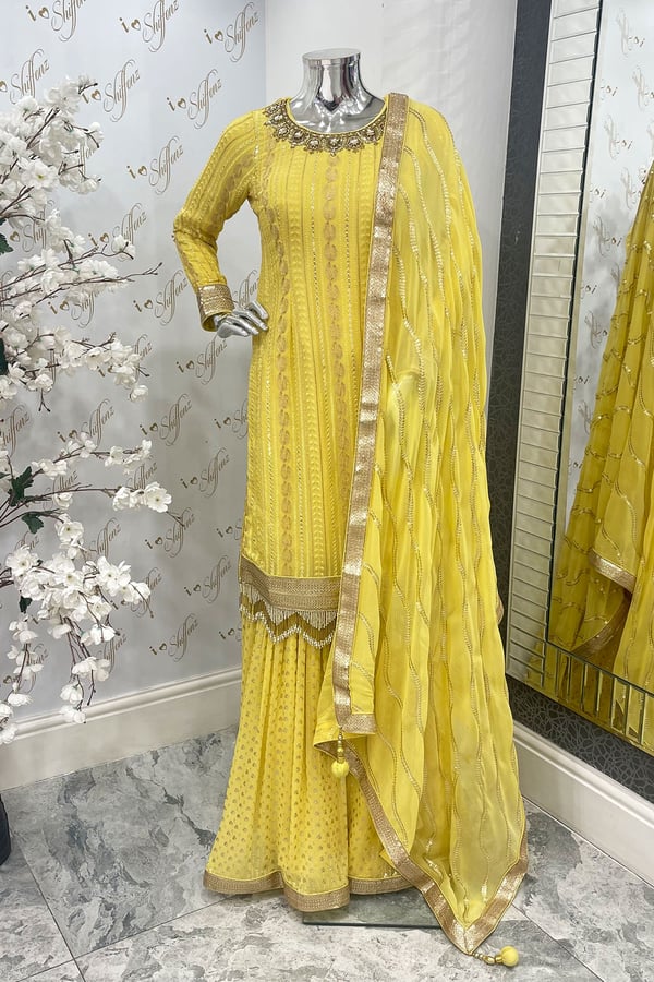 3 Piece chicken embroidered gharara suit - Yellow, 46