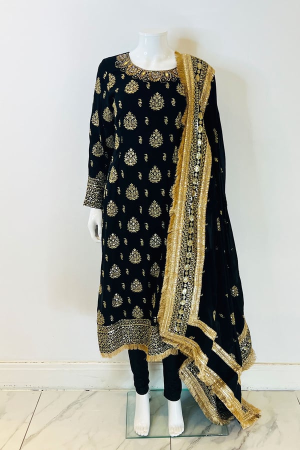 3 Piece embroidered long shirt suit with churidaar - Image 5