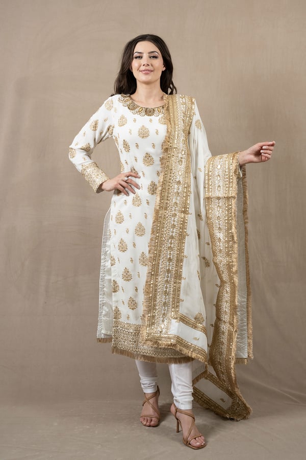 3 Piece embroidered long shirt suit with churidaar