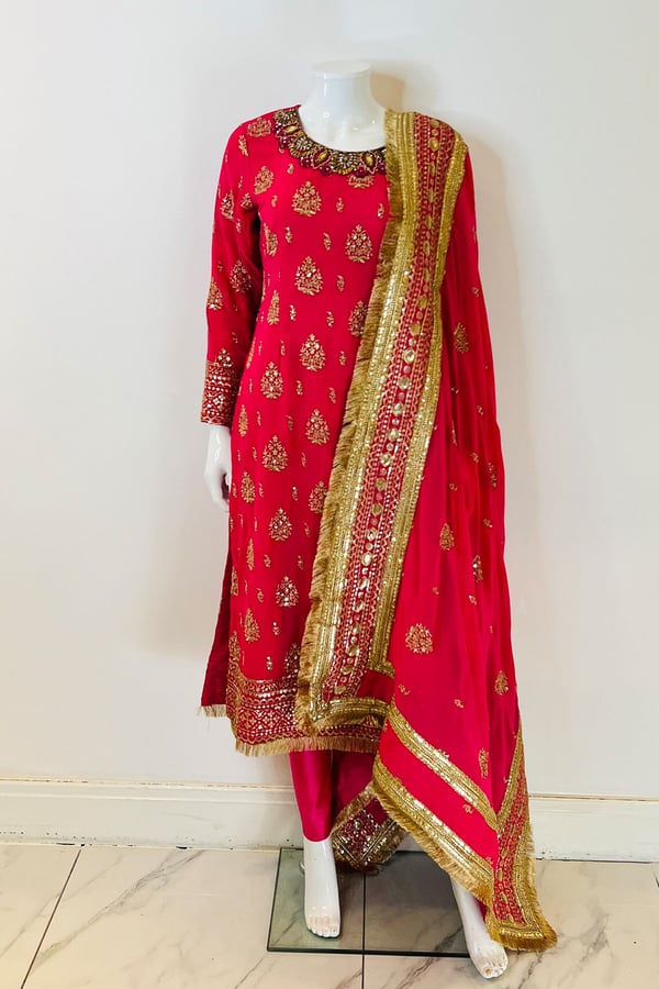 3 Piece embroidered long shirt suit with churidaar - Image 4