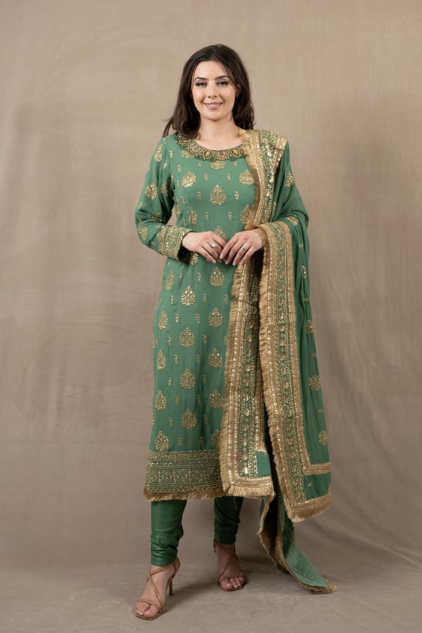3 Piece embroidered long shirt suit with churidaar - Image 3