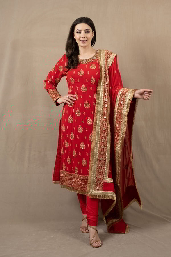 3 Piece embroidered long shirt suit with churidaar - Image 2