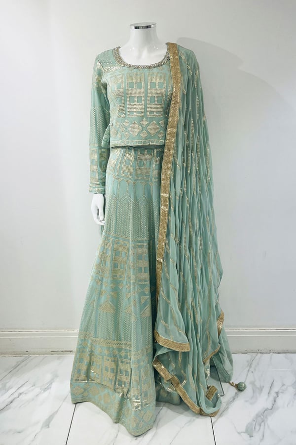 3 Piece sequence embroidered lengha choli - Light Mint, 34