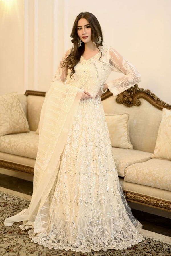 3 Piece thread and pearl work embroidered partywear suit - Cream, Small