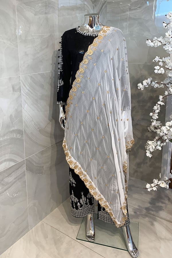 Sequence embroidered dupatta - WHTGLD, FREE SIZE
