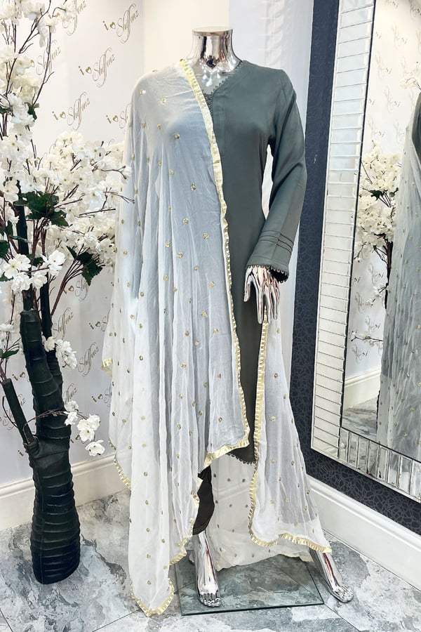 Sequence embroidered dupatta with lace - White/gold, FS