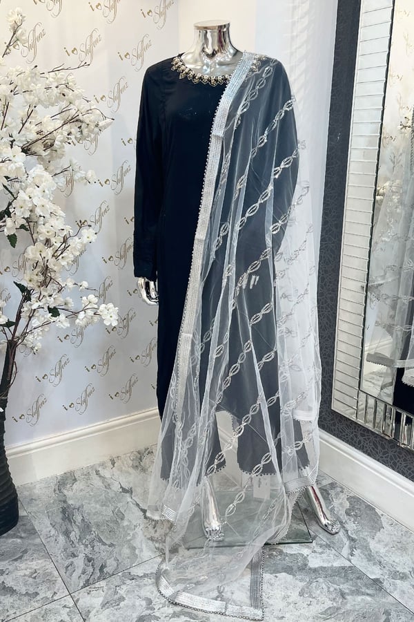 Shiffonz silver sequenced net dupatta - Whitesilver, FS