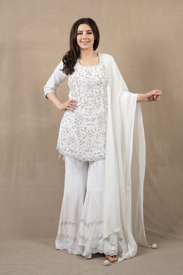 3 Piece embroidered short shirt and sharara suit