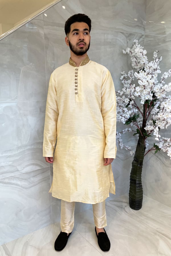 Men's raw silk phatani suit with an embroidered collar - Beige, 36