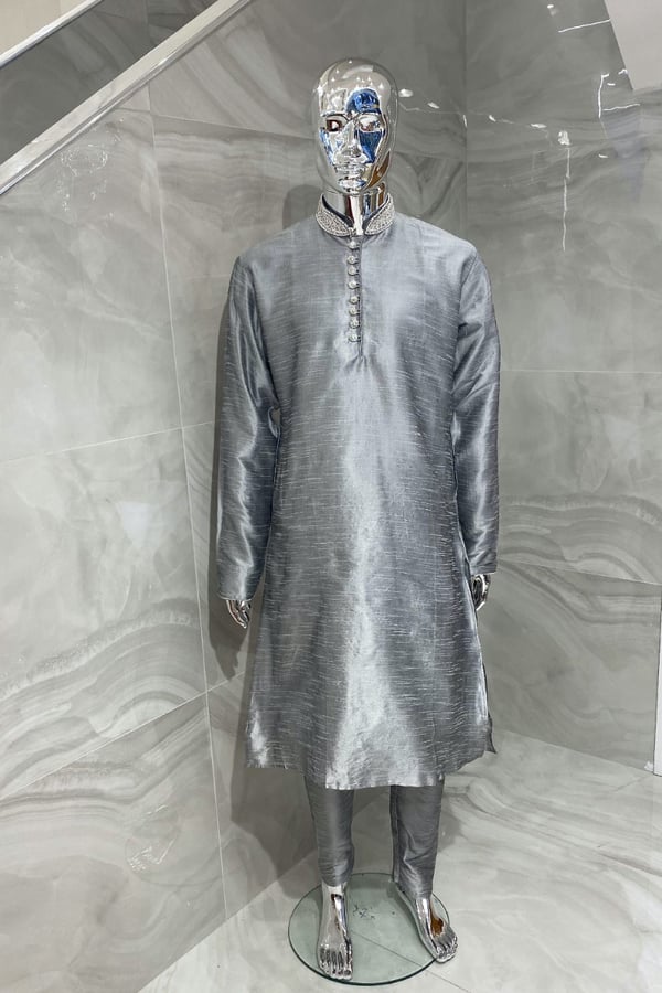 Men's raw silk phatani suit with an embroidered collar - Grey/silver, 36