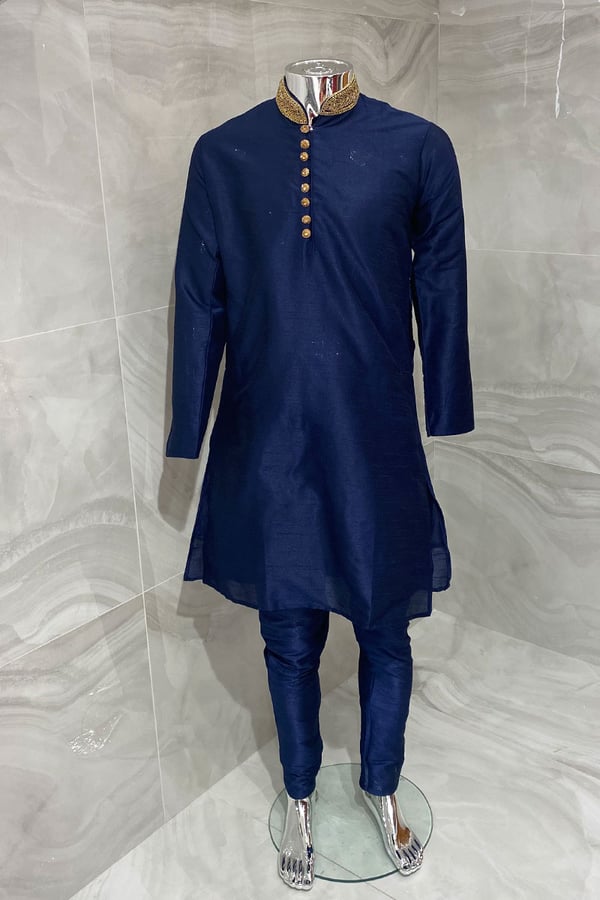 Men's raw silk phatani suit with an embroidered collar - Navy, 36