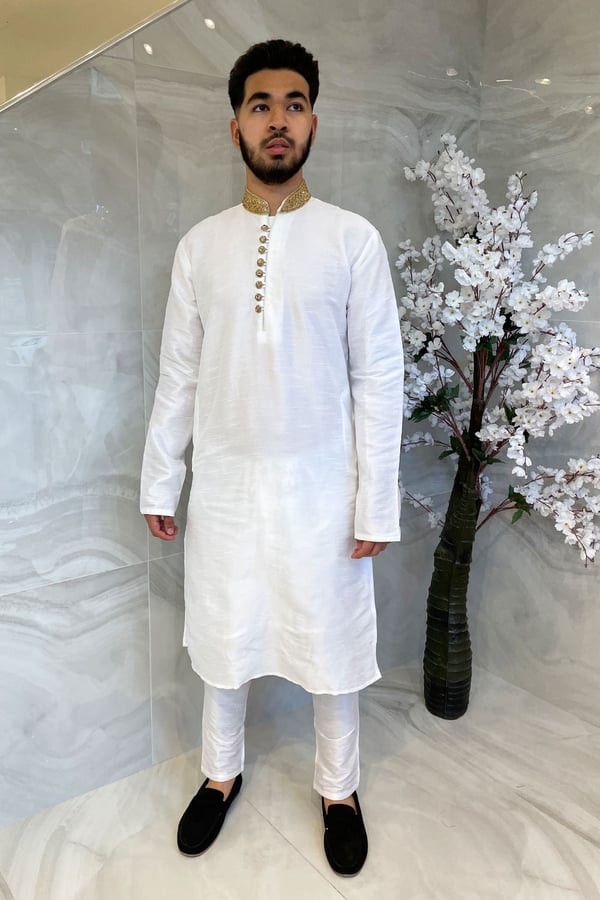 Men's raw silk phatani suit with an embroidered collar - White, 36