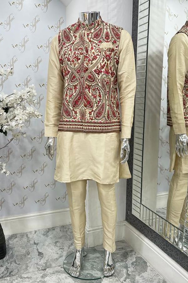 Men's luxury multi printed waistcoat with raw silk suit