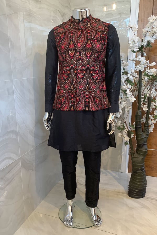 Men's luxury printed waistcoat with raw silk suit