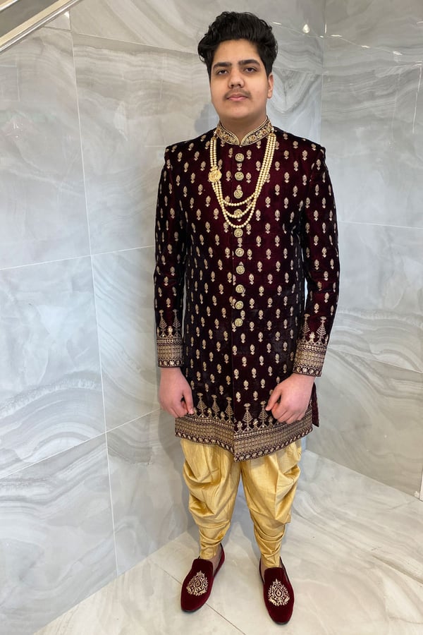 Men's velvet sherwani with a raw silk shalwar
