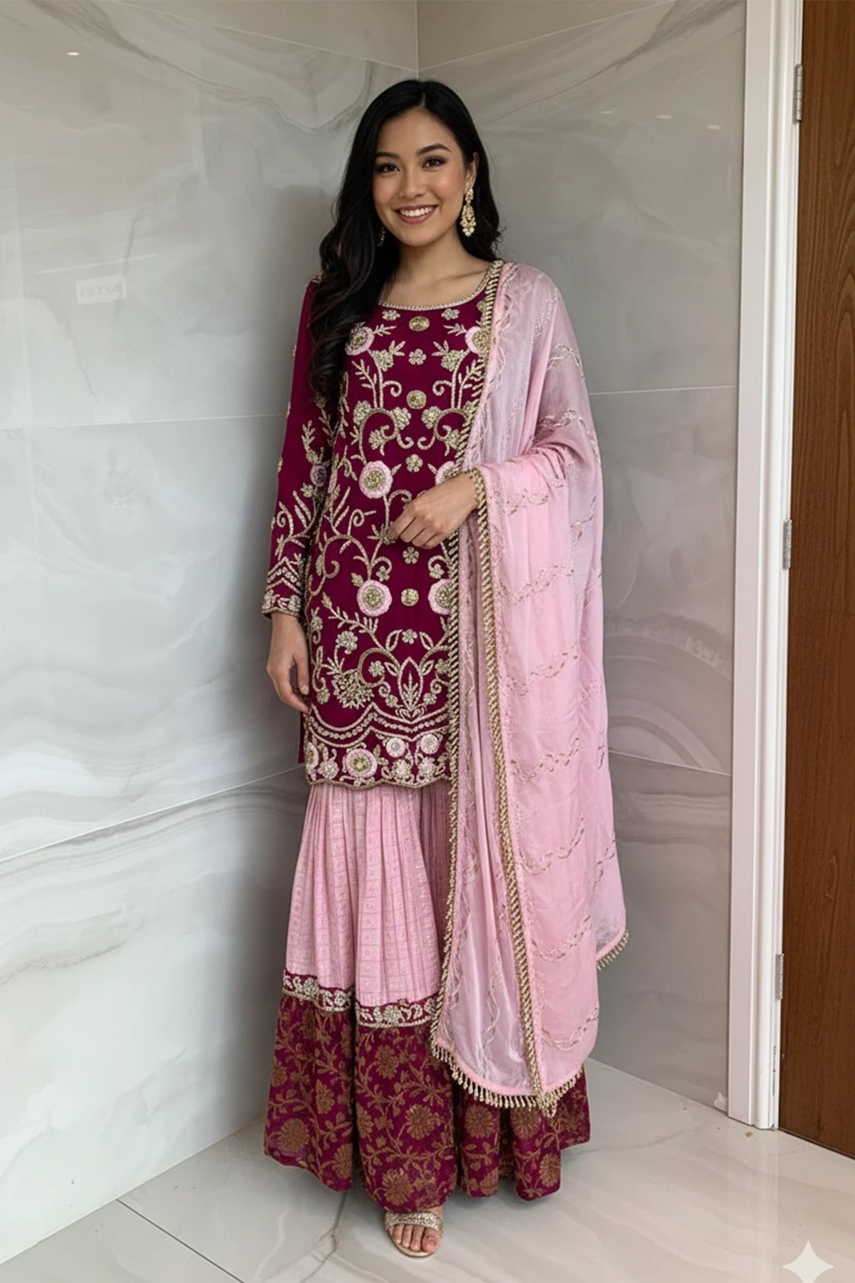 3 Piece luxury embroidered chiffon gharara suit