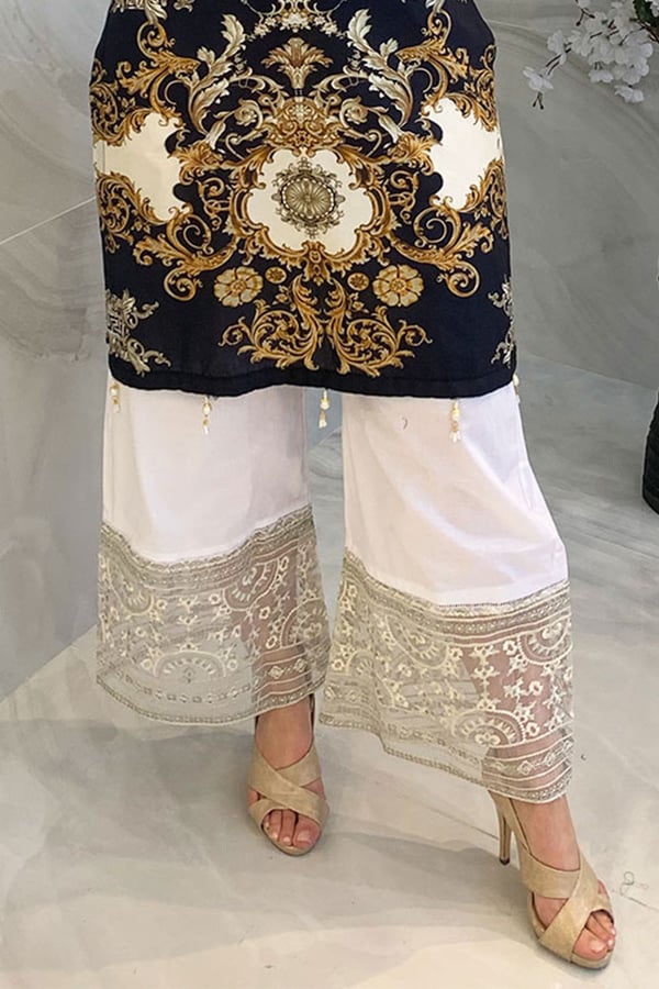 Lawn casual embroidered trouser - White, Large