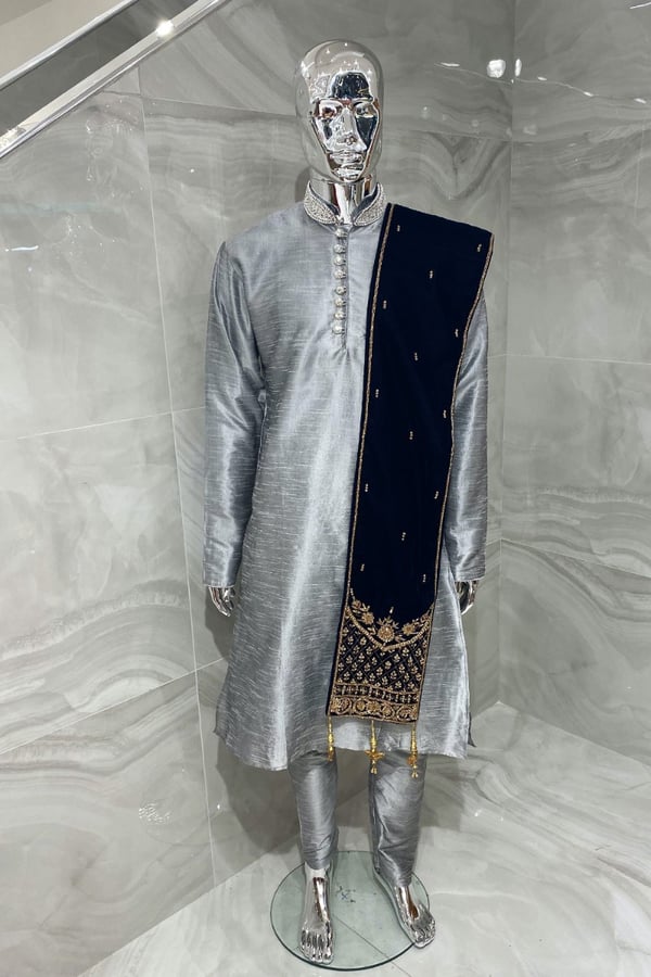 Men's luxury embroidered velvet shawl - Navy, REGULAR