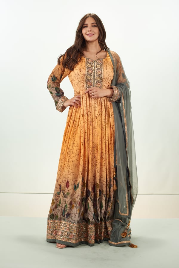 3 Piece silk crepe printed long dress