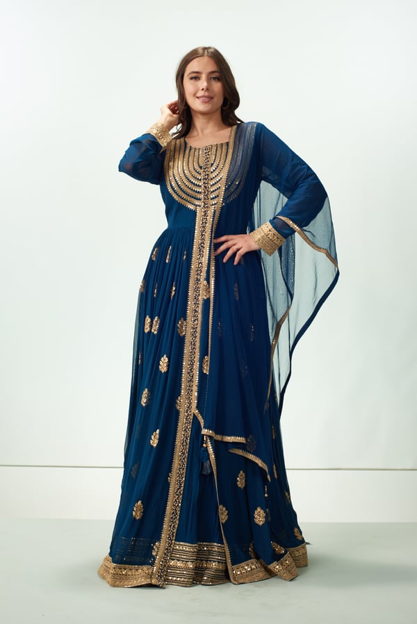 3 Piece chiffon long embroidered dress - Navy, 34
