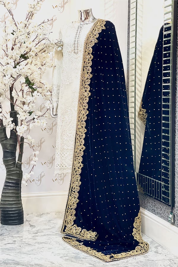 Luxury embroidered velvet shawl - Navy, FS