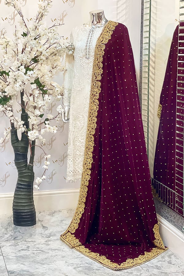 Luxury embroidered velvet shawl - Plum, FS