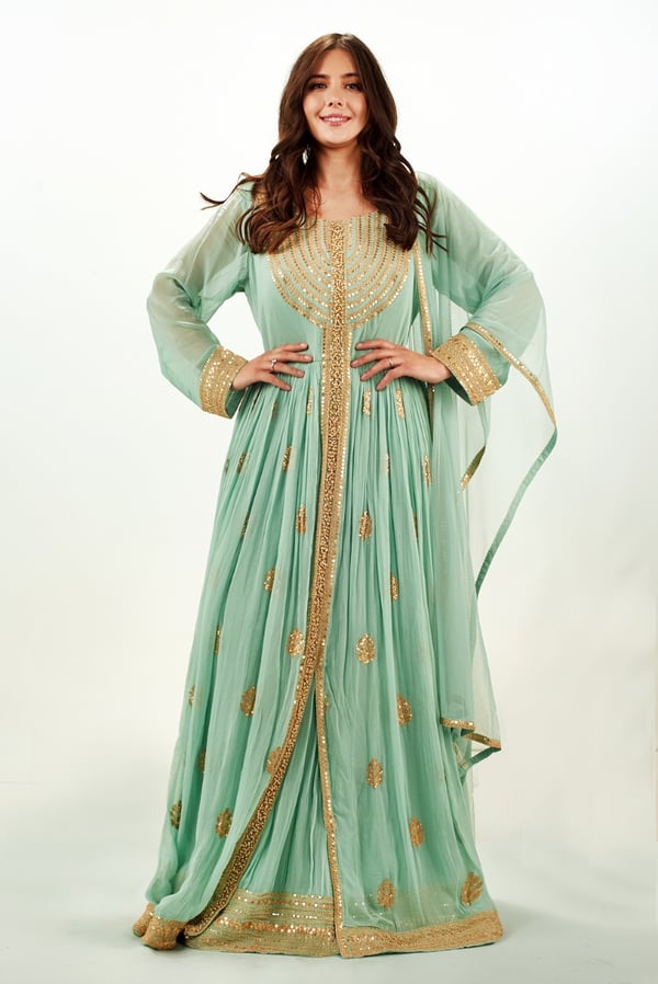 3 Piece chiffon long embroidered dress - Light Green, 34