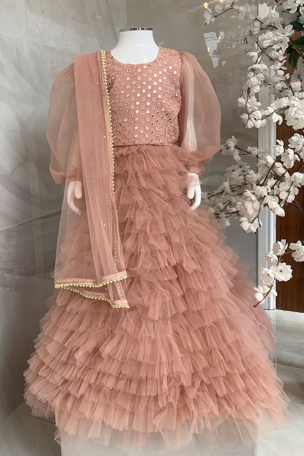 3 Piece kids ruffled lengha choli - Dusty Pink, 22