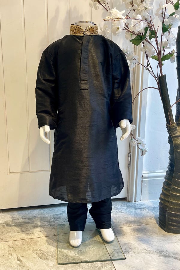Kids boys phatani silk kurta pajama - Black, 10