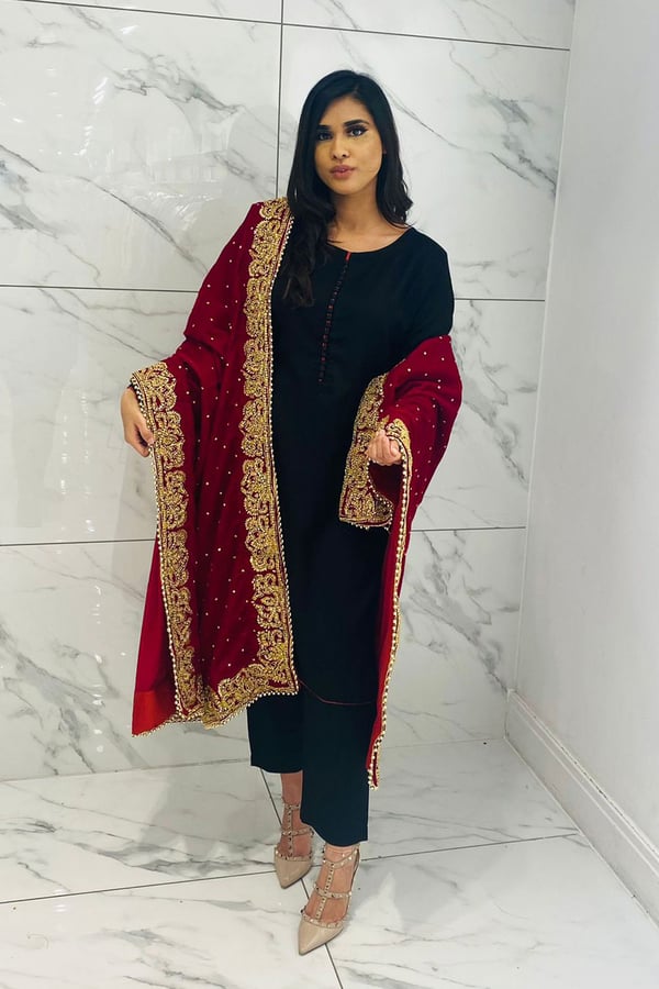 Luxury embroidered velvet shawl - Red, FS