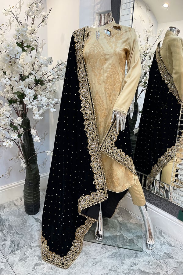 Luxury embroidered velvet shawl - Black Gold Silver, FS