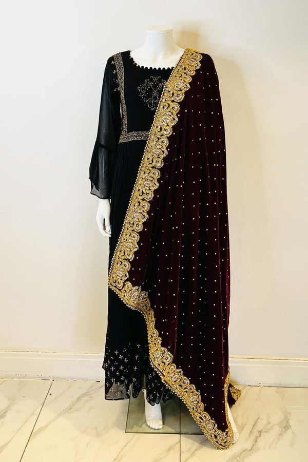 Luxury embroidered velvet shawl - Maroon Gold Silver, FS