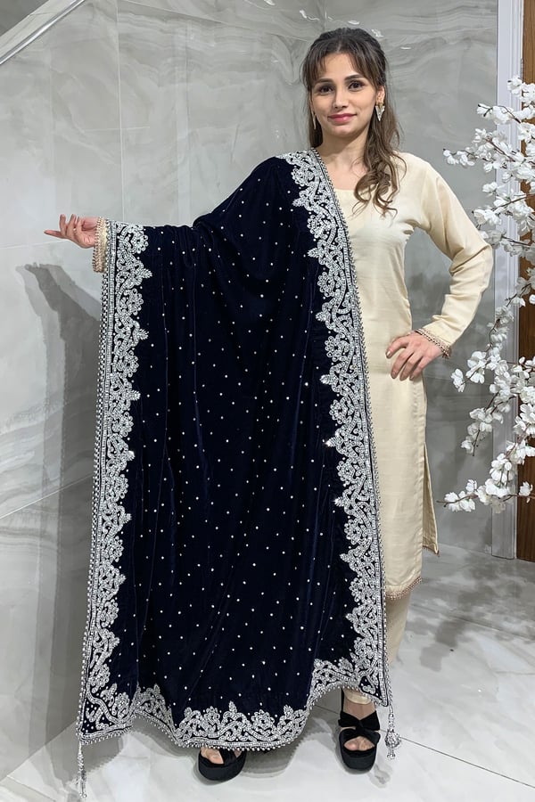 Luxury embroidered velvet shawl - Navy/silver, FS